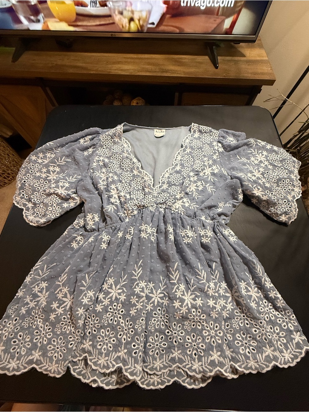 Arula Floral Embroidered Babydoll Top Blue Size A (1X) Boho Eyelet